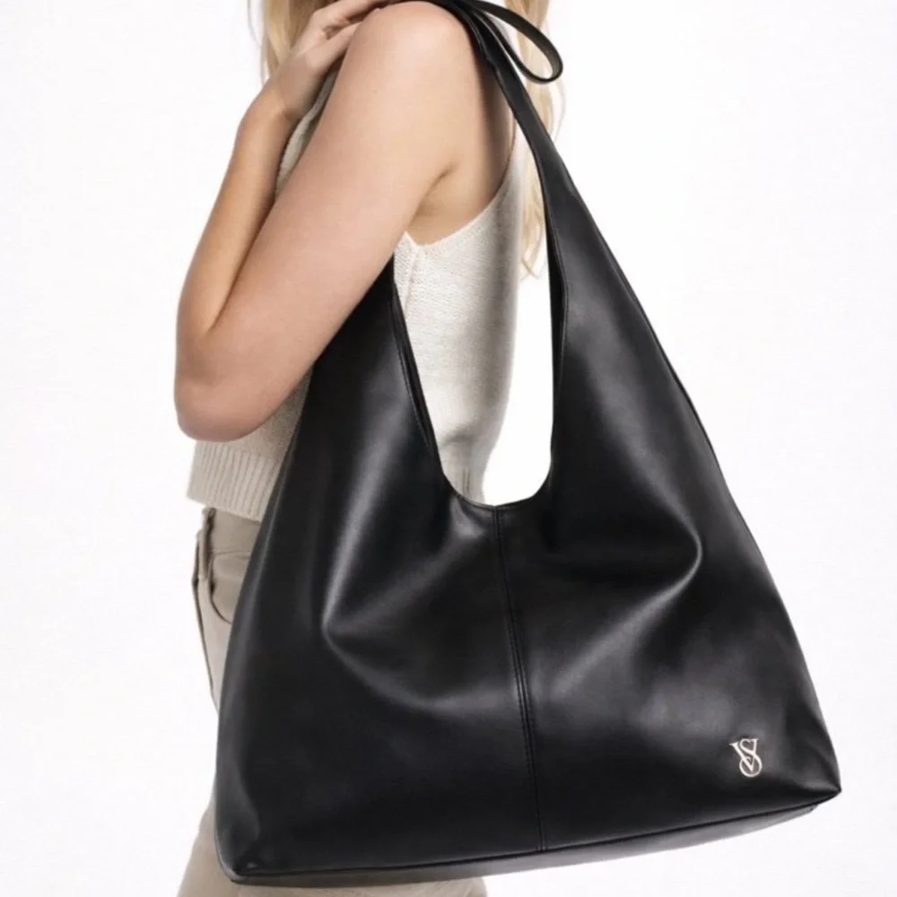 NWT Victoria’s Secret Black Faux Leather Purse Tote Bag Large